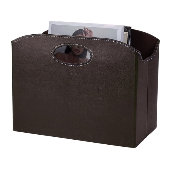 1Pc PU Leather Foldable Magazine Holder, 13.7x7.4x10.55inch Document File Book Organizer Basket with Oval Cutout Handle, Stitched Desktop Folder Holder for Office Home Desk Cabinet Storage, Brown