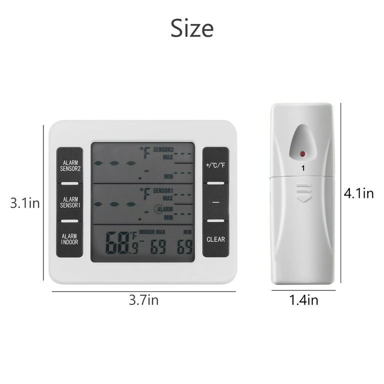 TSV Refrigerator Thermometer Wireless Digital Freezer Thermometer Digital Sensor with 2pcs Sensors Temperature Monitor and Audible Alarm for Indoor