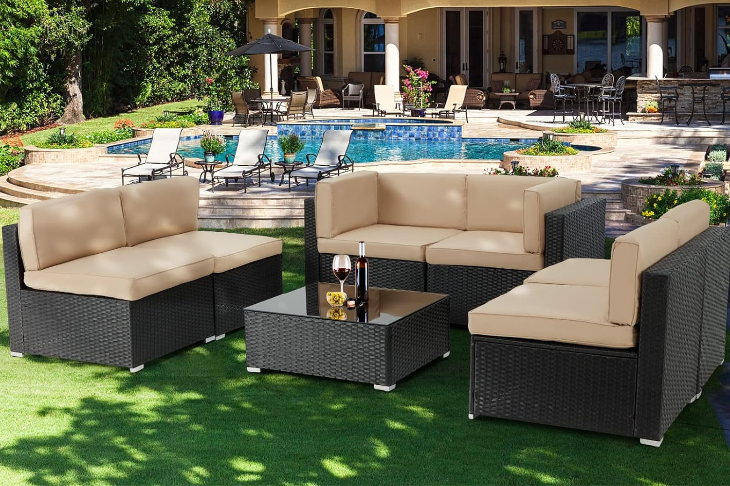 Danrelax 7-Piece Outdoor Sectional Sofa Patio Conversation Set, PE Rattan Wicker Furniture, Steel Frame, Brown w/ Black Rattan