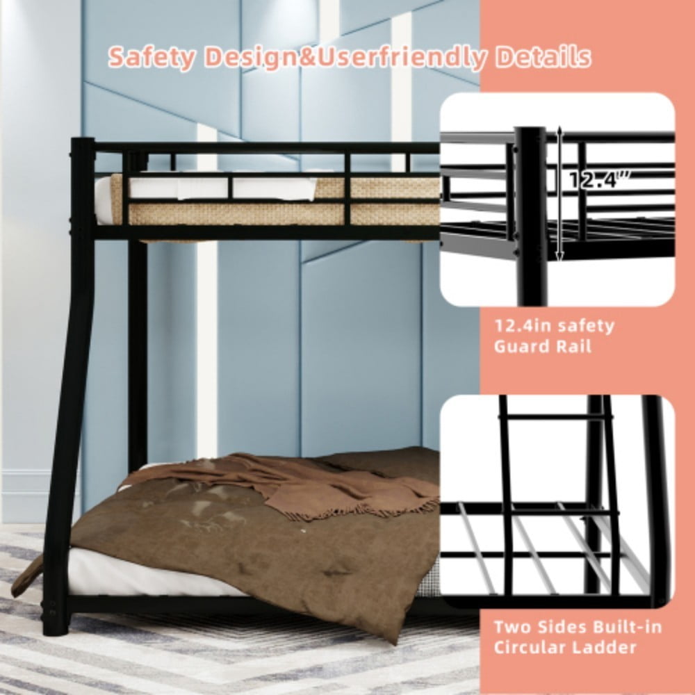 Twin Over Full Bunk Bed, Heavy-Duty Metal Frame with Ladder & Full-Length Guardrail, LED Light & USB Port, Noise-Free Design, 400 lbs Capacity, Black