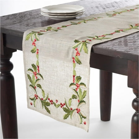 

Natural Embroidered Holly Design Christmas Holiday Table Runner 16 X 90