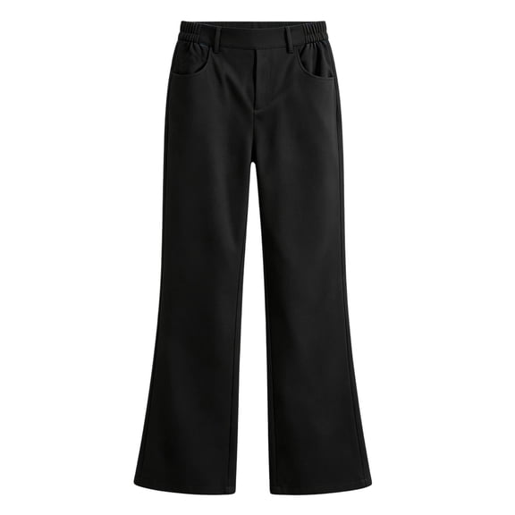 Girls Solid Color Straight Leg School Uniform Pants, Half Elastic Back Waist Bootcut Long Trousers with Side Pockets, Casual Dress Pants for Back to School Daily Wear(Black,5-6 Years)