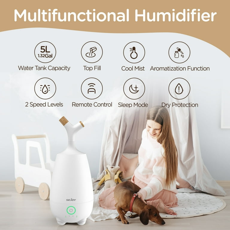 Sejoy Ultrasonic Humidifier for Home, Baby, 5L Large Capacity, Cool Mist,  Remote Control, Auto Shut-off, White 
