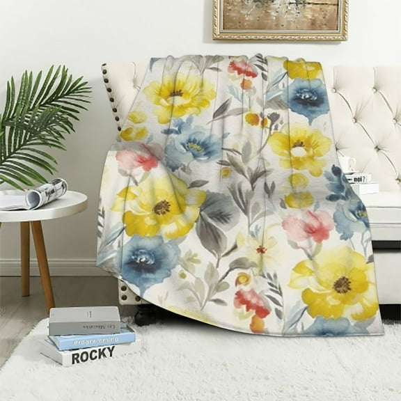 HENGT Yellow Blue Grey Blanket, Soft Blankets Flannel Bed Throw Cozy Lightweight Plush Gifts for Women Girls Sofa Couch Bedroom Living Rooms Warm All Season, Home Decor, Small