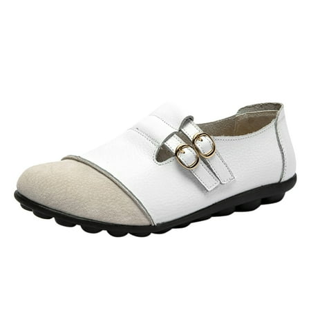 AnuirheiH Women Shoes Comfortable Leather Low-top Buckle Flat Casual Loafers Single Shoes Clearance