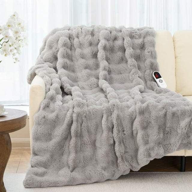 MARNUR Electric Throw Blanket 50"x60", Faux Fur Heated Throw, 6 Heating Levels, 4 Hours Timer, Grey