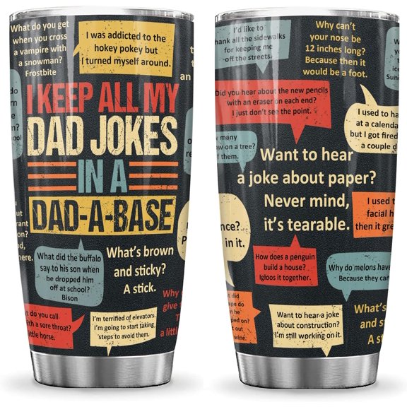 20oz Dad Tumbler With Lid Fathers Day Gift For Dad I Keep All My Dad Jokes In A Dad-a-base - Dad Joke Birthday Gifts for Dad From Daughter Son Fathers Day Gift From Wife For Husband Funny Coffee Mug