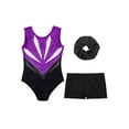 thumbnail image 3 of iiniim Kids Girls Dance Gymnastics Ballet Leotard Sparkly Rhinestones Bodysuit with Shorts Hair Band Purple&Black 12, 3 of 7