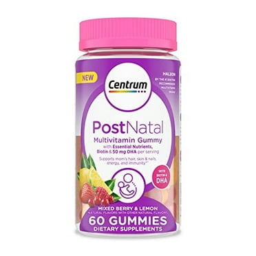 Centrum Postnatal Multivitamin Gummies with Biotin and DHA, Mixed Berry and Lemon Flavors - 60 Count, 30 Day Supply