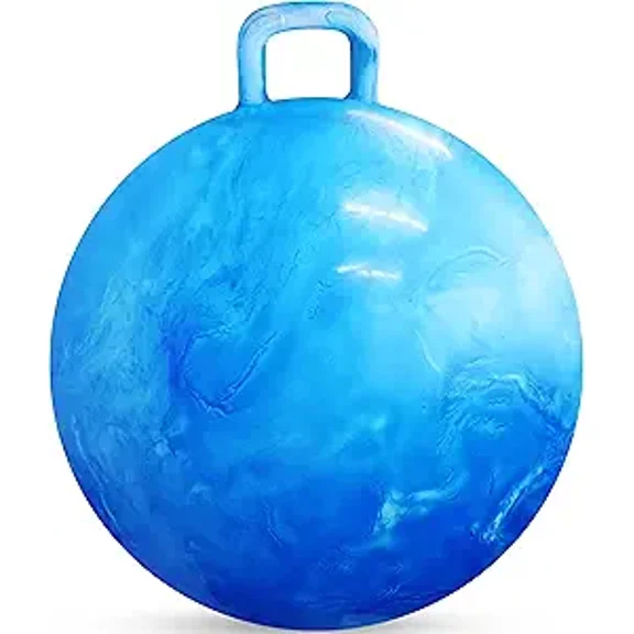 Kiddistash Hopper Ball with Handle for Kids, 18-Inch (45 cm) Bouncy Ball, Jumping Kangaroo Hop Toy with Hand Pump, Marble Blue & White