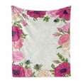 thumbnail image 1 of Anemone Flower Soft Flannel Fleece Throw Blanket, Pink Rose and Anemone Flowers Frame Lively Bridal Wedding Design, Cozy Plush for Indoor and Outdoor Use, 70" x 90", Pink Green Apricot, by Ambesonne, 1 of 6