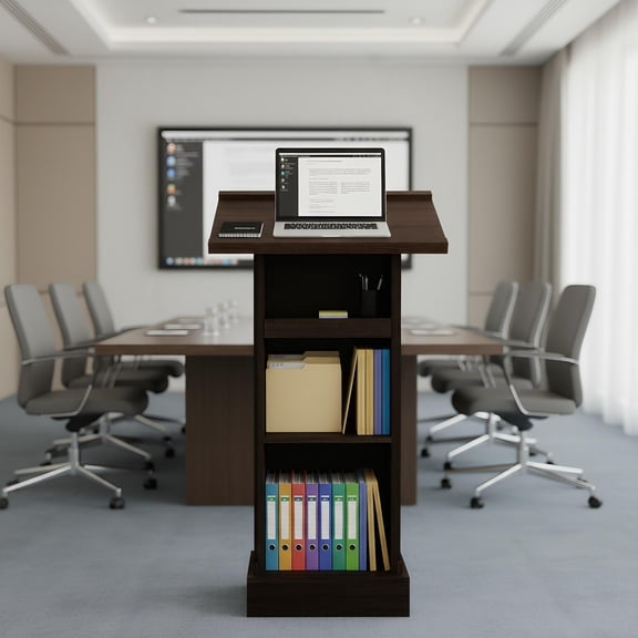 44"H Podium Stand, Wooden Lectern with Mic Slot, Vintage Podium 1 sliding shelf with Cup Holder, for Schools, Seminars, Churches, Rustic Brown