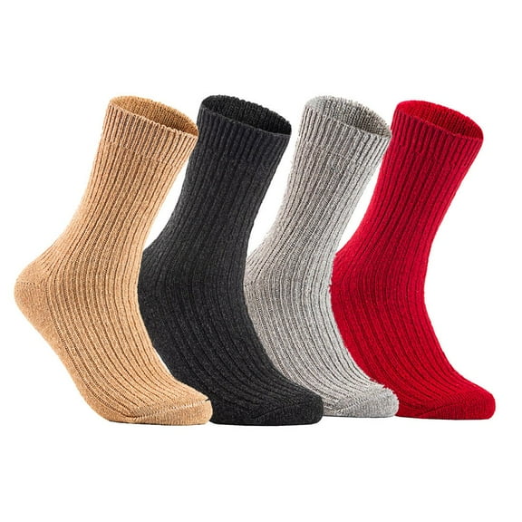 Lian LifeStyle Gorgeous Big Girls Women's 4 Pair Wool Crew Socks Size 6-9 FS03, Color Beige,Black,LightGrey,Red