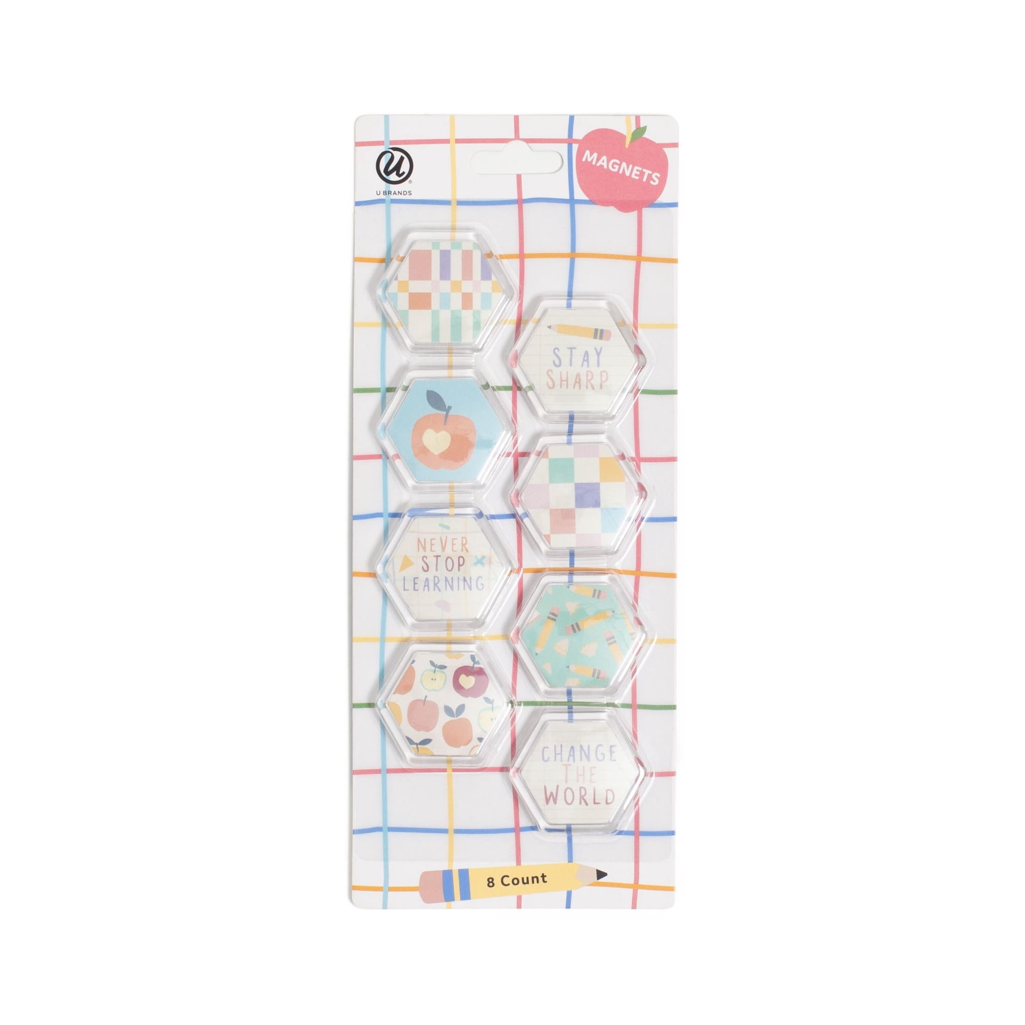 U Brands Hex Magnets, 8 Pack, Teacher Designs, Mixed Patterns, Repositionable Magnets