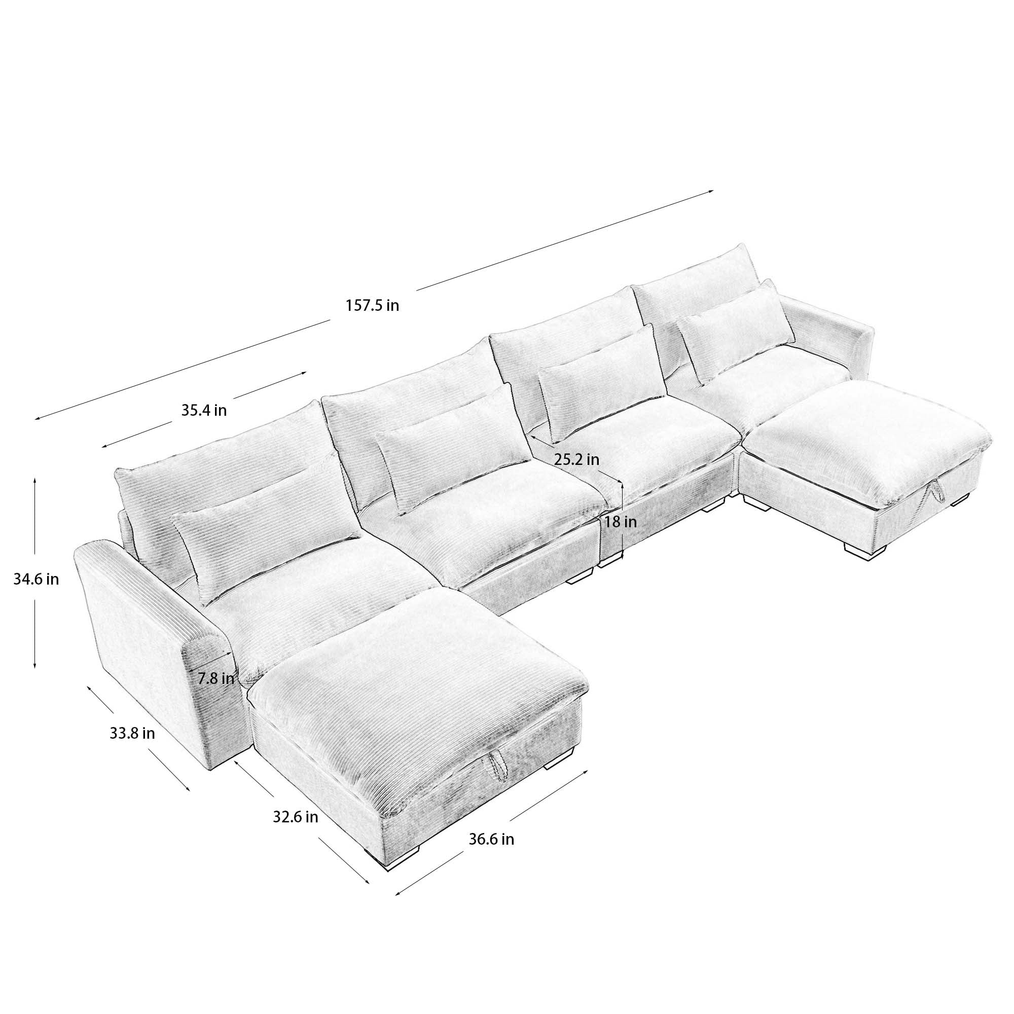 U-Shaped Corduroy Sectional Couches with 2 Storage Footstool