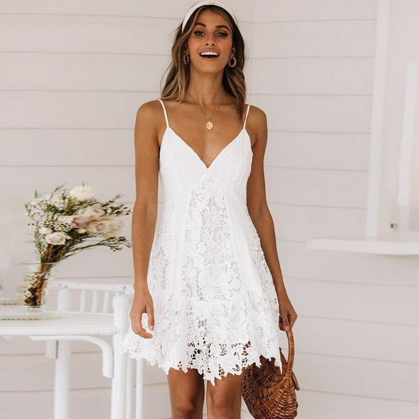 Women Lace Slip Dress V Neck Spaghetti Strap Crochet Lace Sleeveless Summer  Mini Dress White 