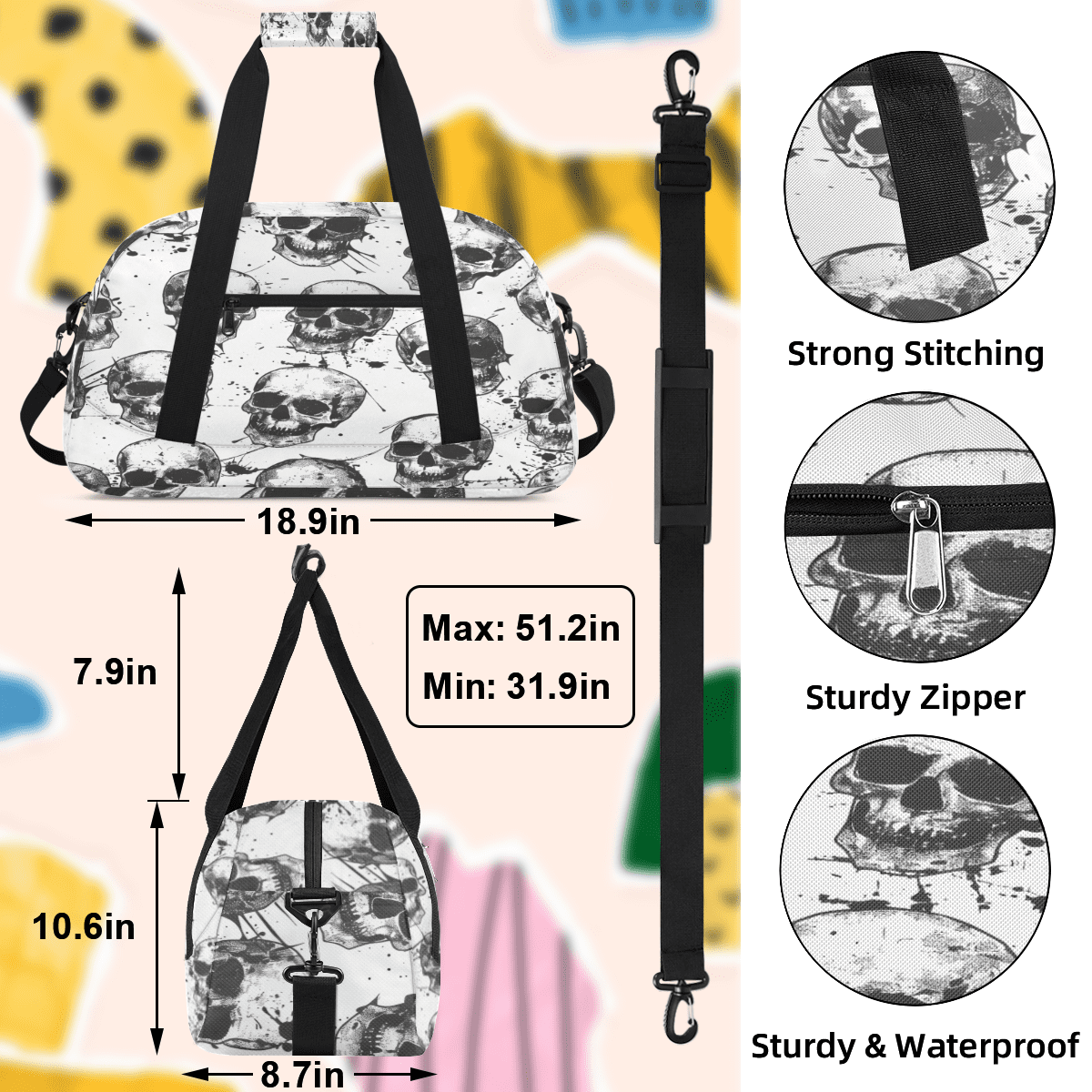 Herdesigns Sports Duffle Bags Travel Duffle Bag Gym Bag Sugar Skeleton Black White Skull Weekender Travel Bag Waterproof Overnight Bag Carry On Travel Tote Bag Dance Bags