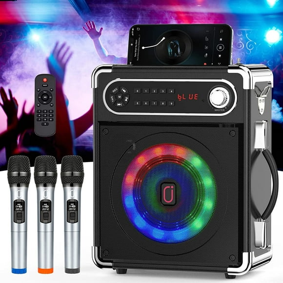 JYX Machine de Karaoké avec 3 Microphones, Haut-Parleur Bluetooth avec Radio FM, Spectacle de Lumière LED, Système de Karaoké Maison de Machine à Chanter pour la Fête