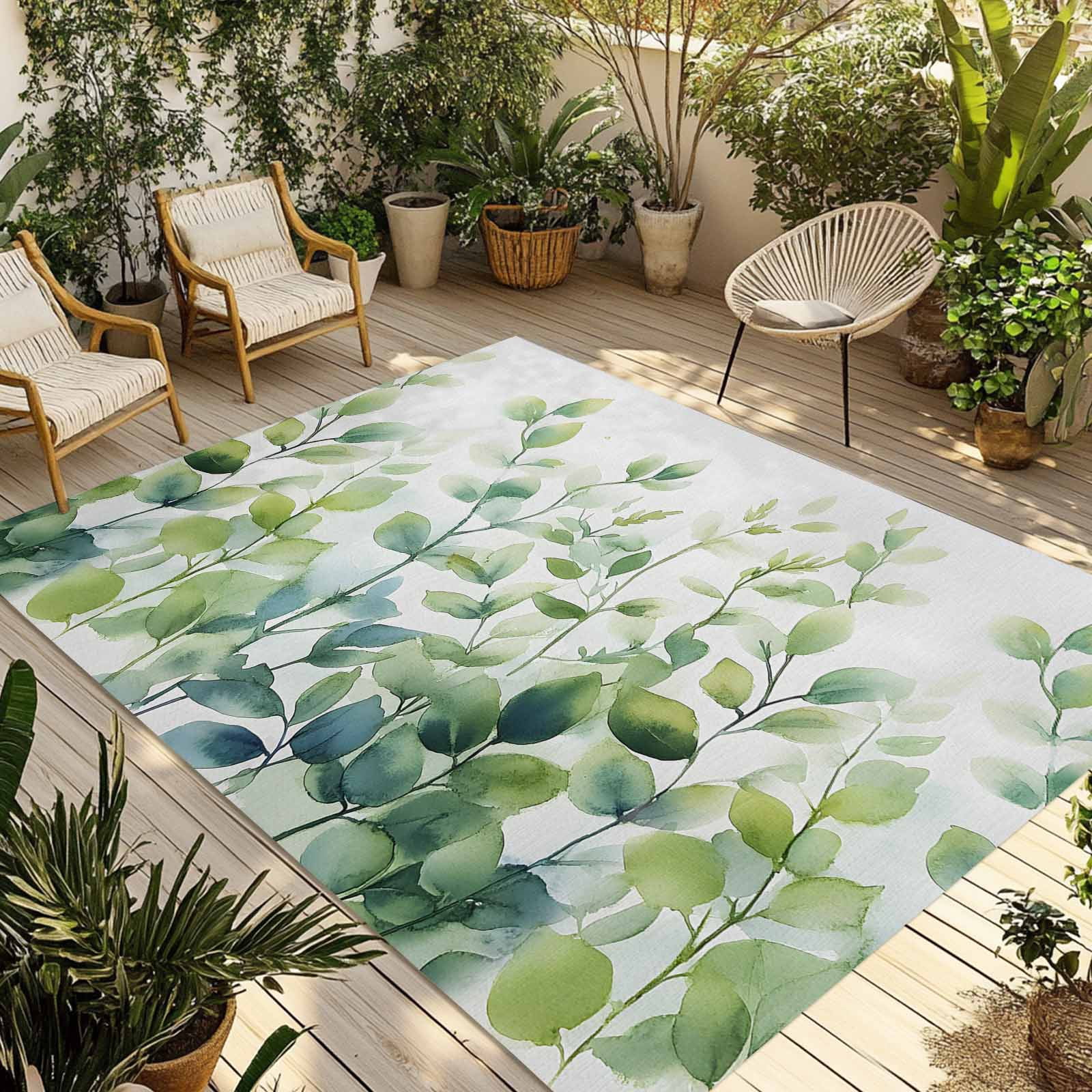 Outdoor Rug 5x8ft Watercolor Eucalyptus Leaves Large Area Rug Ombre Green Indoor Outdoor Carpet Outdoor Rugs Mats for Patio Camping,RV,Front Door, Outside Decor