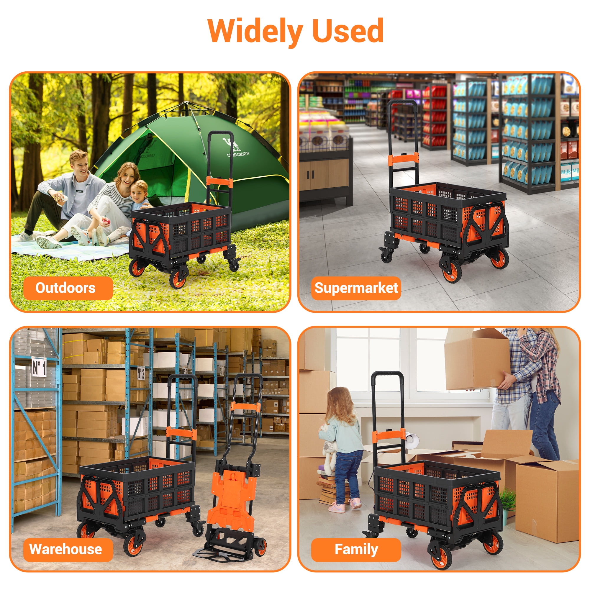 2-In-1 Folding Hand Truck Dolly with Folding Basket, Collapsible Hand Truck Dolly with Retractable Handle & 4 Wheels, 330Lb Capacity Portable Dolly Cart for Moving, Shopping