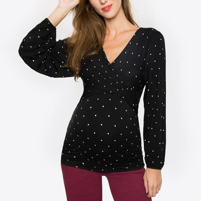 EGNMCR Blouses et Chemises à Manches Longues à Col Rond pour Femmes Enceintes Allaitement Col en V Manches Longues Volants Blouse Imprimée Hauts Blouse pour Femmes Enceintes