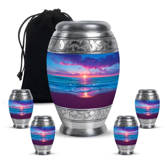 VALERASH Beach Memorial Urns for Adult Male 1 Large 4 Keepsake - Mini Sunset Funeral Urn for Ashes for Women - Blue Burial Urns for Mom & Dad - Cremation Urn for Adult Human - 10 & 3 Inch