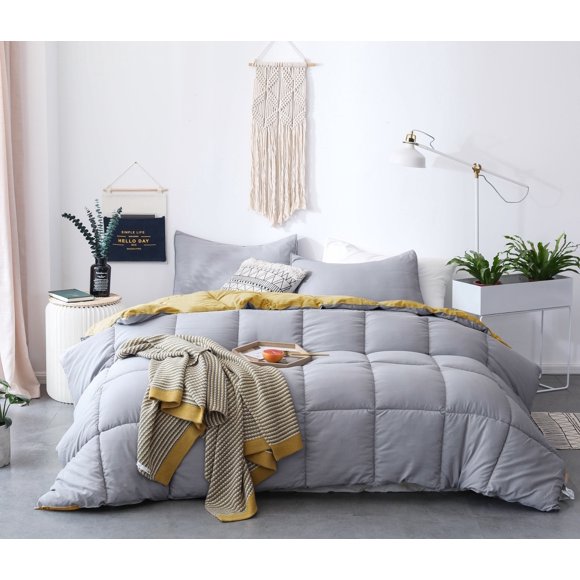 Ensemble de Literie d'Automne Réversible, Couette Douce Gris-Jaune