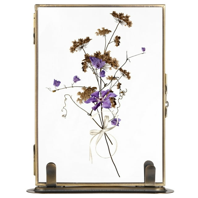 Vintage Floating Glass Frame, Tabletop Floating Glass Frame for Dry Flowers, Double Glass Pressed Flower Display Frame with Metal Base, Shelf Photo Frame for Home Office