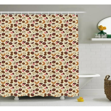 Dessert Shower Curtain Patisserie Theme Pattern Chocolate Coated Dessert Shower Curtain Patisserie Theme Pattern Chocolate Coated Donut Cookie Latte Croissant Fabric Bathroom