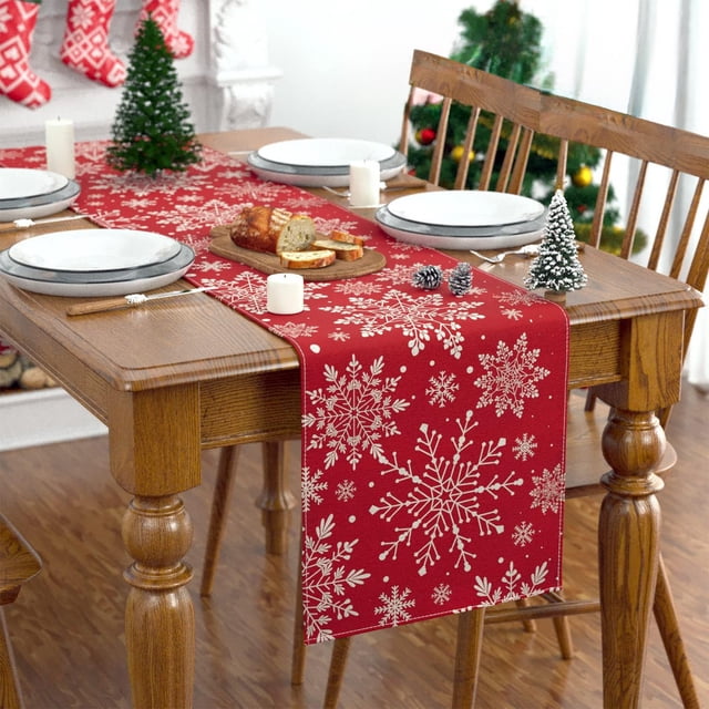 Wzzjkit Merry Christmas Linen Table Runner Dresser Scarves Winter Snow Xmas Tree Snowman Snowflake Table Runners For Dinning Table Kitchen Decor Holiday Dinner