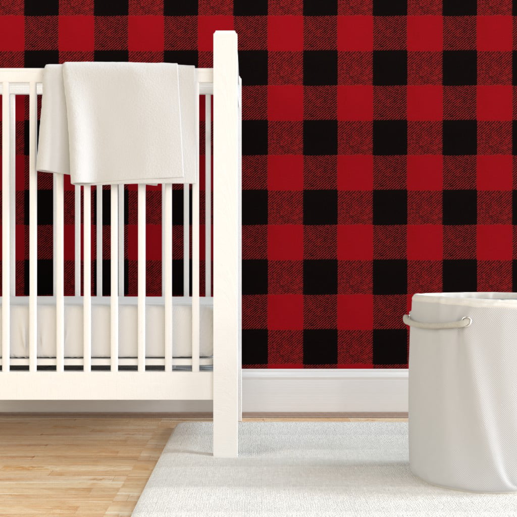 Removable Water-Activated Wallpaper Woodland Cabin Squares Black And Red Buffalo 