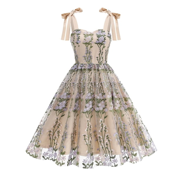 Vestido Corto de Verano, Malla de Manga Corta Bordado Pastel Retro para el Desgaste Casual, Fiesta Y Primavera
