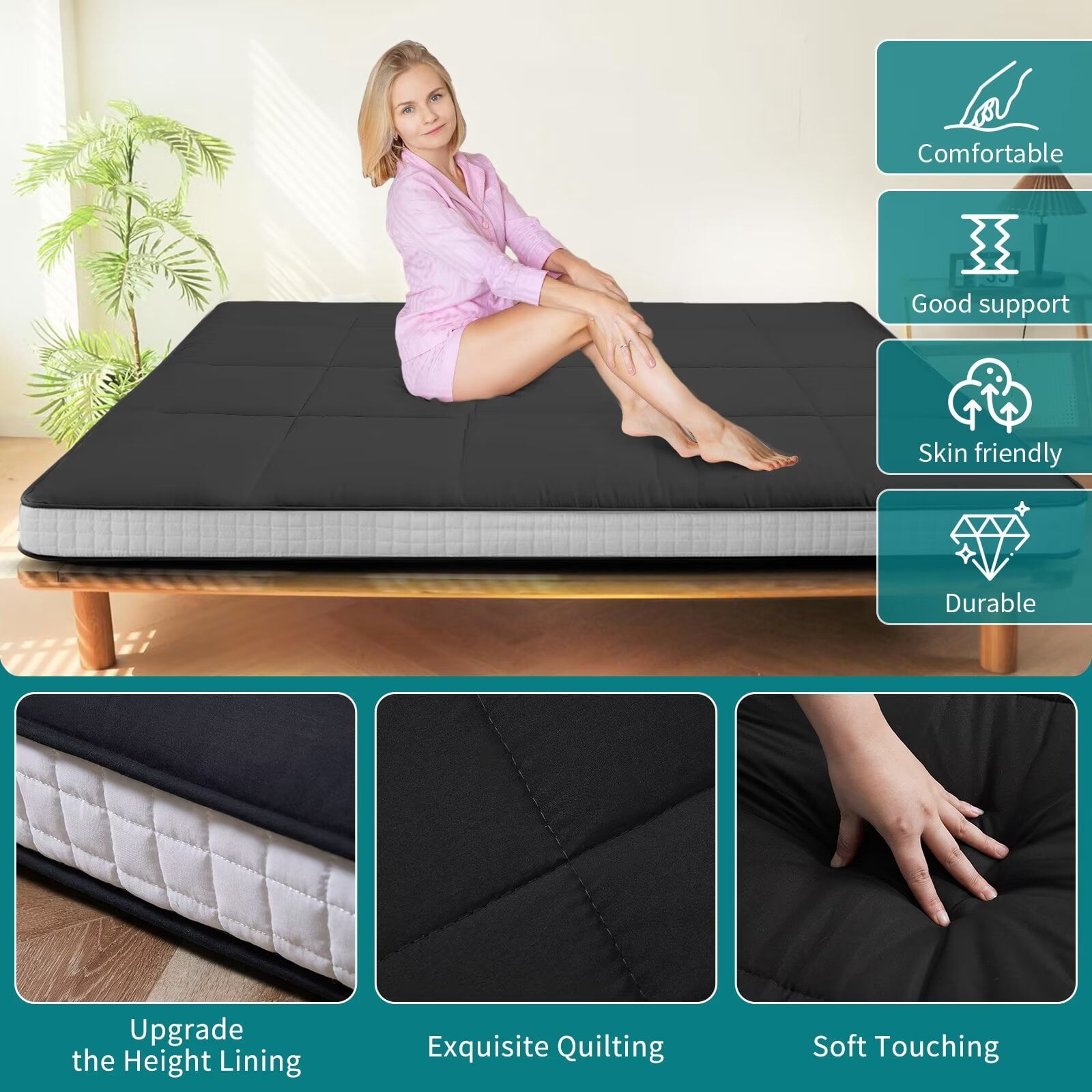 MOPHOTO Upgraded Extra Thick Japanese Futon Mattress, Floor Mattress with Storage Bag, Roll Up Mattress Tatami Mat, Folding Sleeping Padded Futon Mattress Portable Camping Mattress, Black, Queen