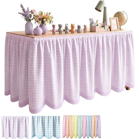 Teacher Desk Skirt - Checkered Ruffle | 6FT Table Cover | Cloth, Hides Legs & Stored Items, 180x75cm, 120g, For Classroom Decor, Campus Events, Offices & Parties