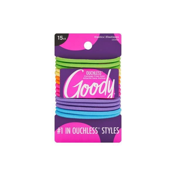 Pack of 15 Goody Ouchless neon hair elastics in green, orange, purple, and blue colors on branded packaging