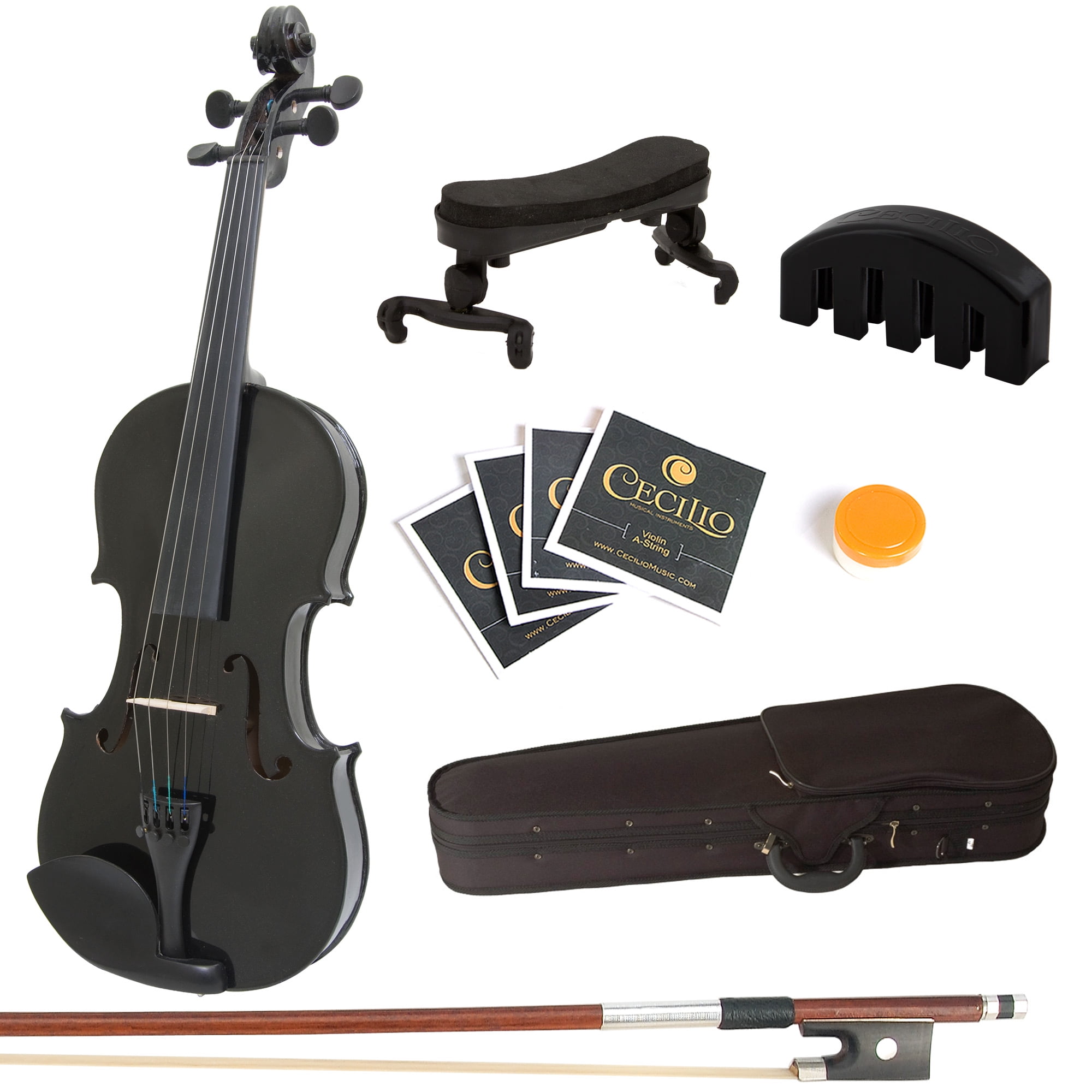 Rosin Mendini 16-Inch MA-Black Solid Wood Black Viola with Hard Case 2 Bridges and Extra Strings Bow