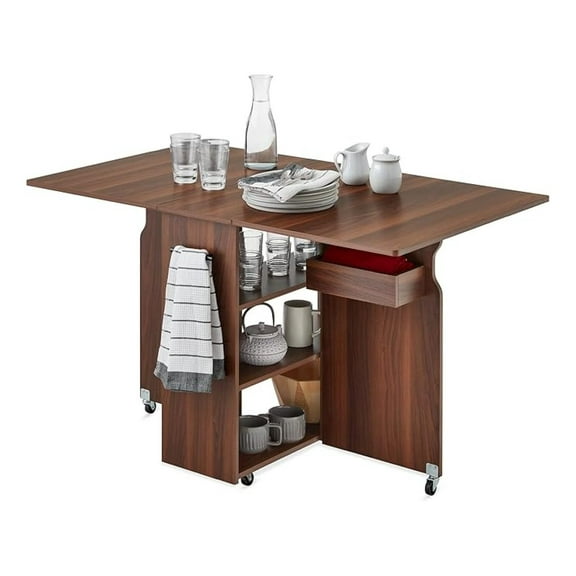 Yunken Folding Dining Table with Wheels, Space Saving Collapsible Drop Leaf Desk with 3 Storage Shelves - Brown