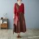 thumbnail image 5 of El vestido de patchwork rojo vino tiene escote en V con tapeta inclinada y plisado suelto., 5 of 8