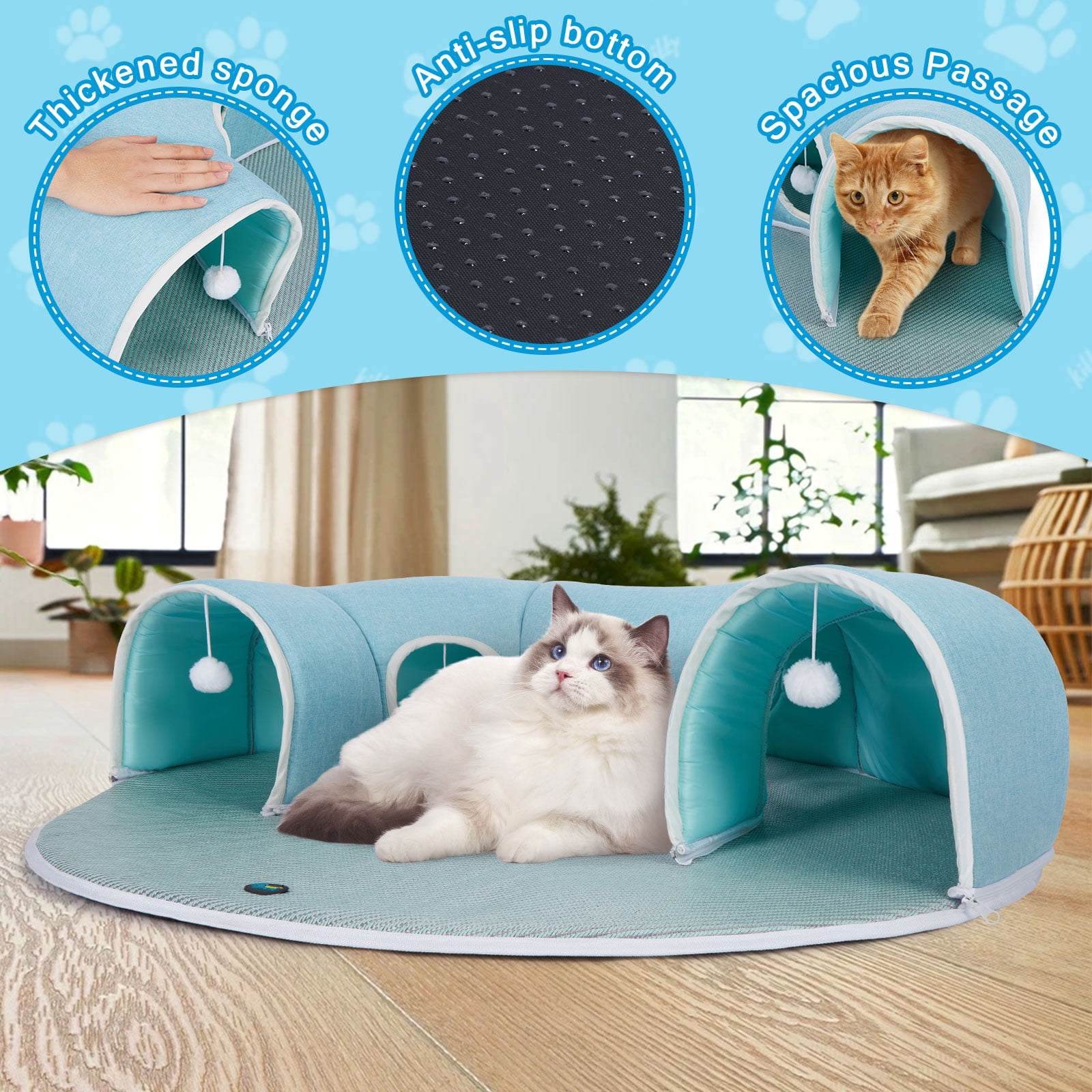 Ownpets 2 in 1 Detachable Cat Tunnel Bed Cooling Pad Cave Interactive Play Toy Rabbit Kitty