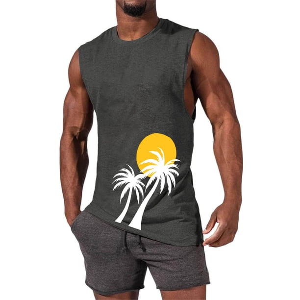 Camiseta sin mangas de cuello redondo para hombre, informal, a la moda, con estampado, deportiva, de poliéster