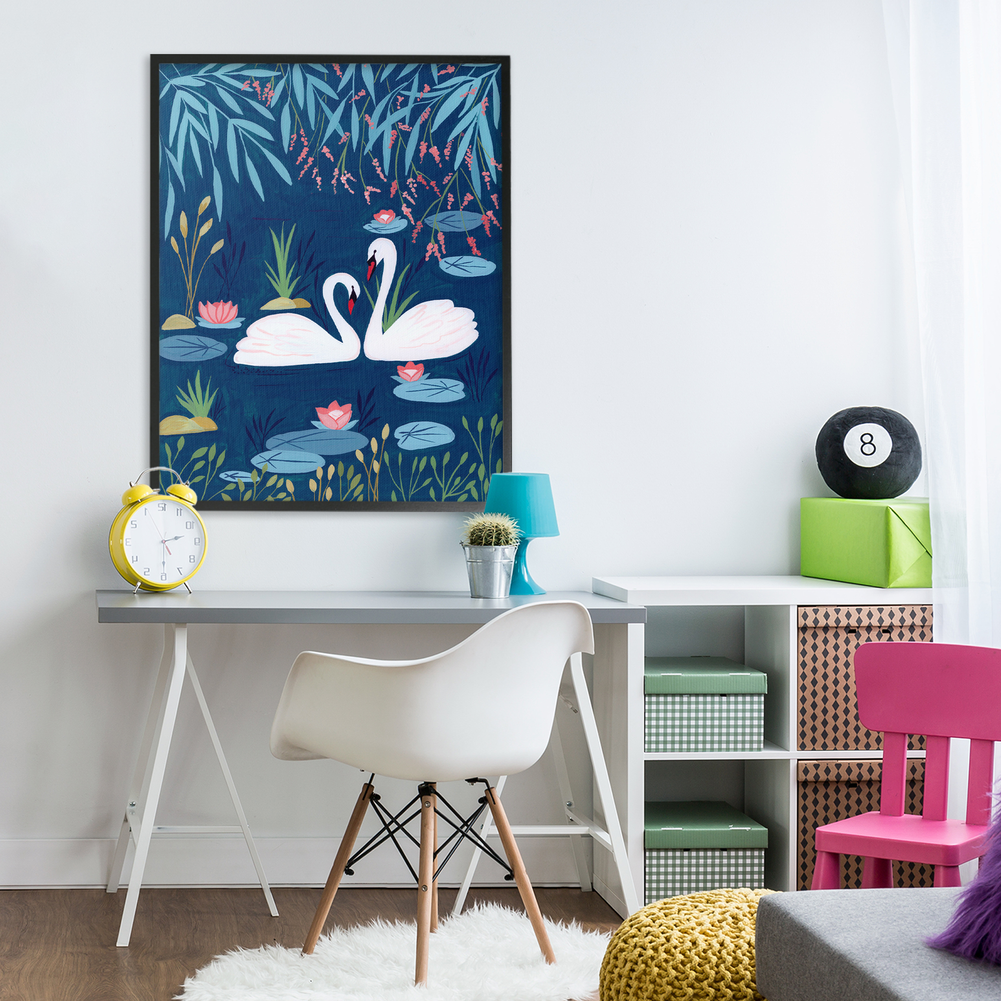 Swan Pair on Blue Pond Black Framed Giclee Art, design by Nabeela Rumi