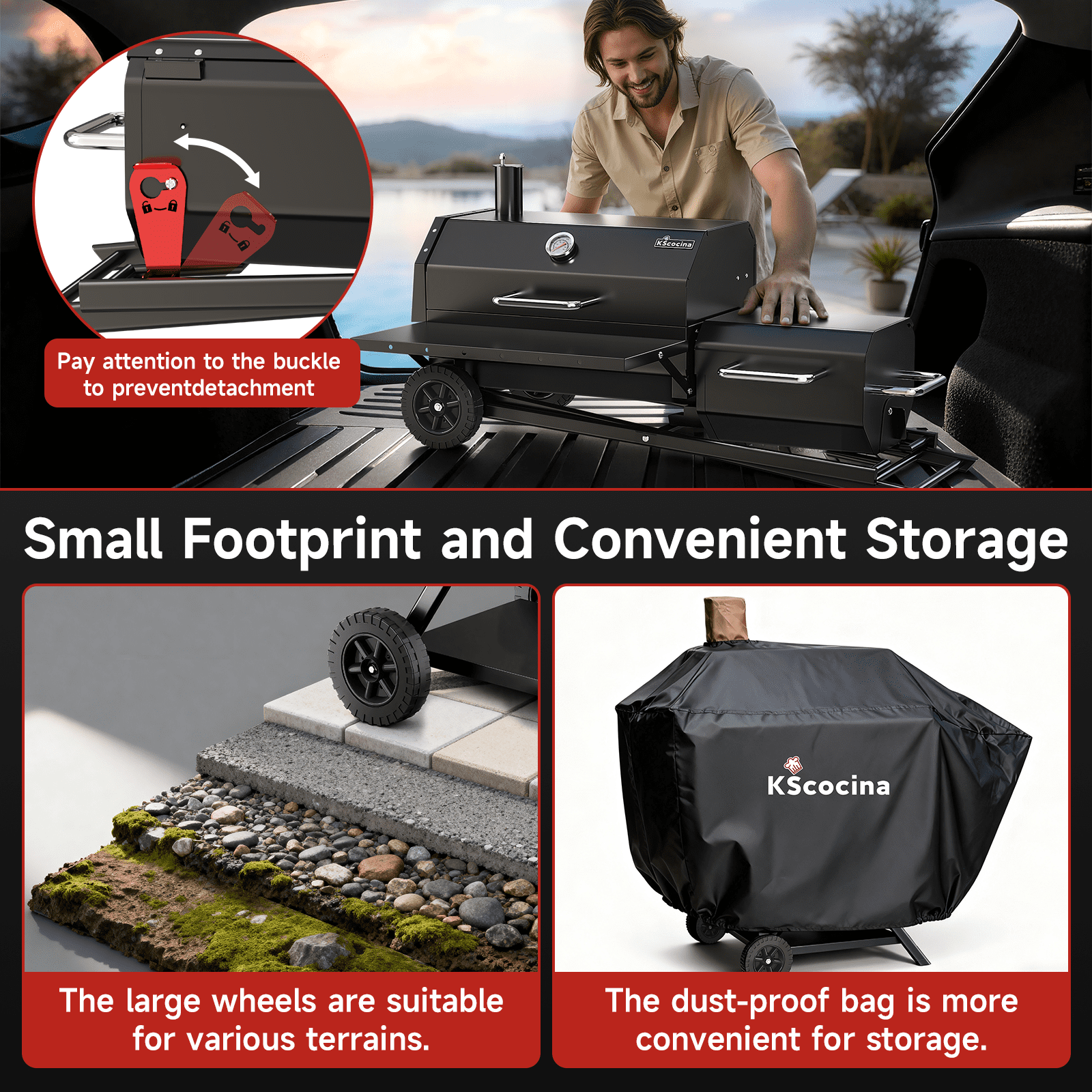 KScocina Barrel Charcoal Grill with Offset Smoker, 2-in-1 Foldable Suitcase BBQ Combo, 600 sq. in. with Waterproof Cover, for Outdoor Grilling and Backyard Cooking, Black