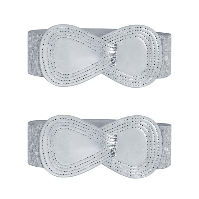 Cinturón elástico de cuero sintético con hebilla en forma de 8 Inspire Chic de 2 piezas para dama 39.4x2.36" (LxW) Plateado metálico