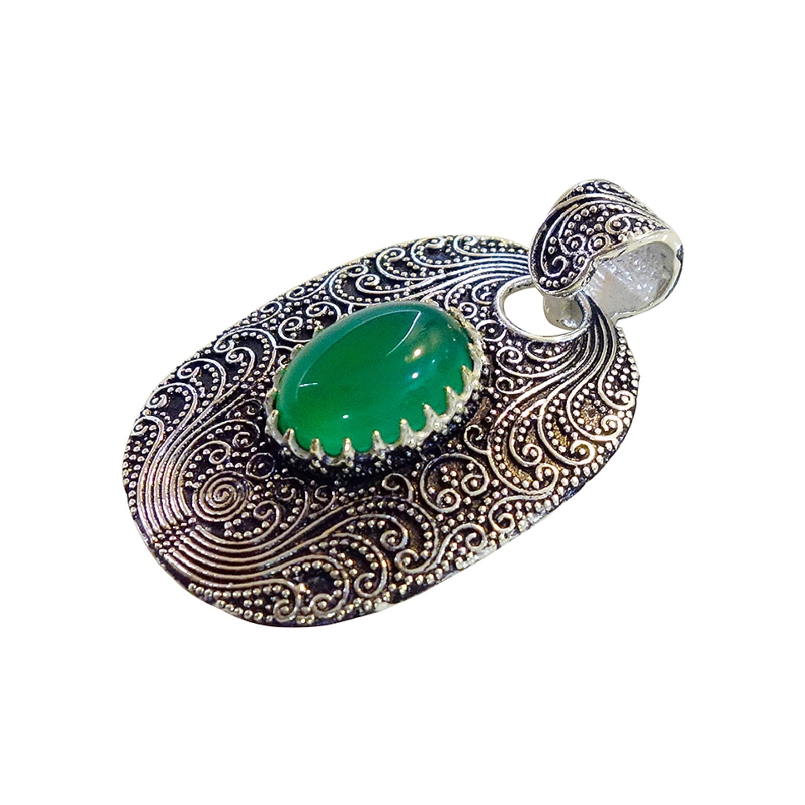 Tibetan Silver Handmade Jewelry Tribal Filigree Green Onyx Gemstone Pendant for Women Elegant Contemporary Design