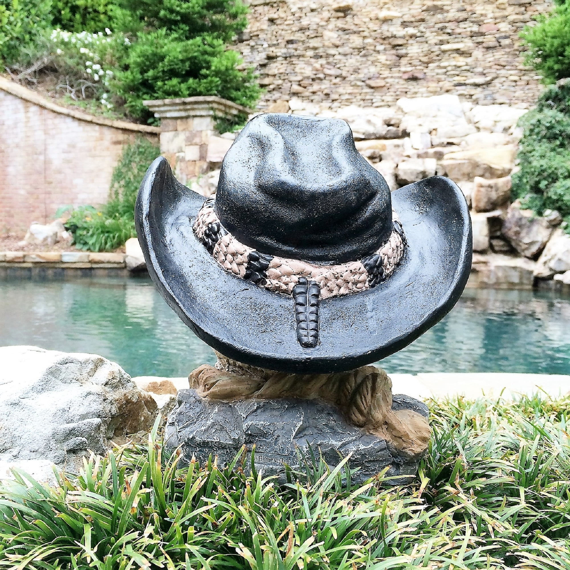 Homestyles 12 in. Cowboy Skull with Rattle Snake Hat Band Nautical Beach Garden Statue