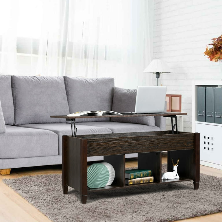Ktaxon Wooden Lift Top Coffee Table Hidden Storage Compartment Lower 3 Cube Open Shelves Lift Tabletop Coffee Table for Living Room Reception
