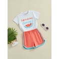 thumbnail image 4 of Aojekbee Toddler Girl Summer Outfit Letter Watermelon Print Short Sleeve T-Shirts Tops and Shorts 2Pcs Clothes Set, 4 of 10