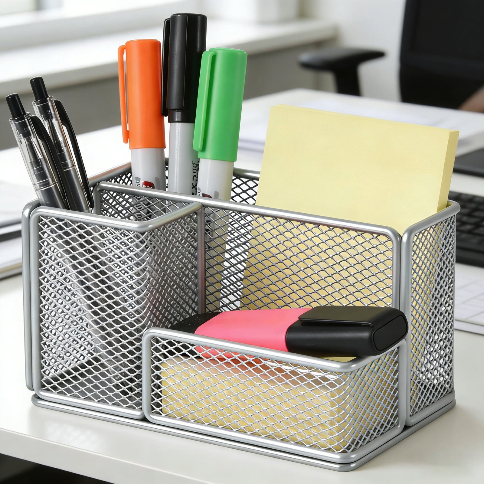 Mesh Pen Pencil Holder Desk Organizer, 3 Compartment Wire Desktop Pen Pencil Cup Caddy Office Supplies Desk Accessories for Home Office, Gray