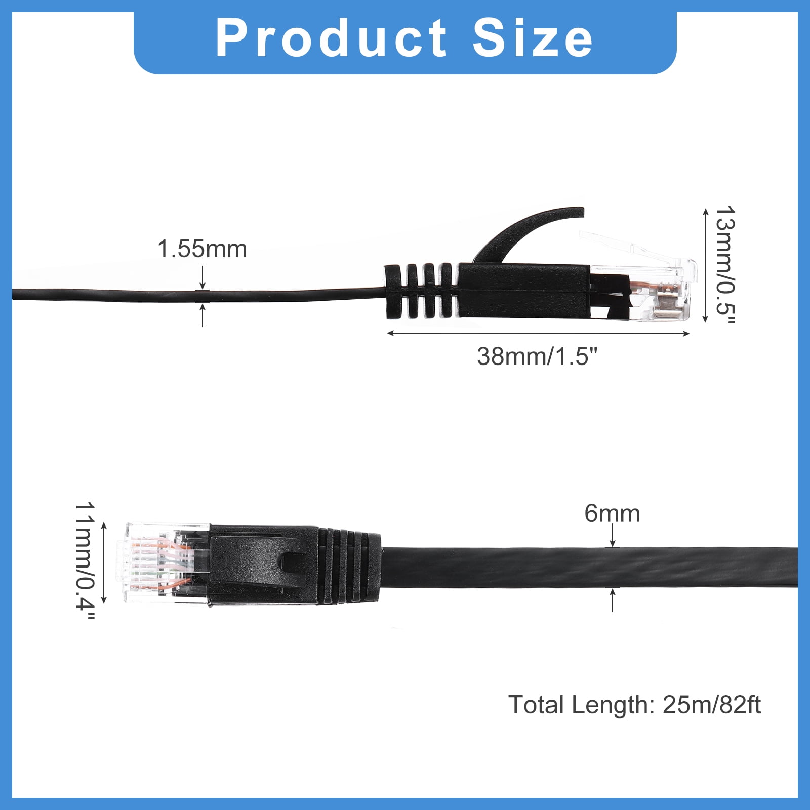 Cat 6 Ethernet Cable 82ft, 32AWG 250MHz Flat High Speed RJ45 Cat6 Internet Network Patch Cord with Clips , Black