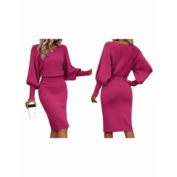 Women'S Lantern Long Sleeve High Waist Formal Bodycon Pencil Midi Pullover Sweater Dresses Clothes Rose Red S